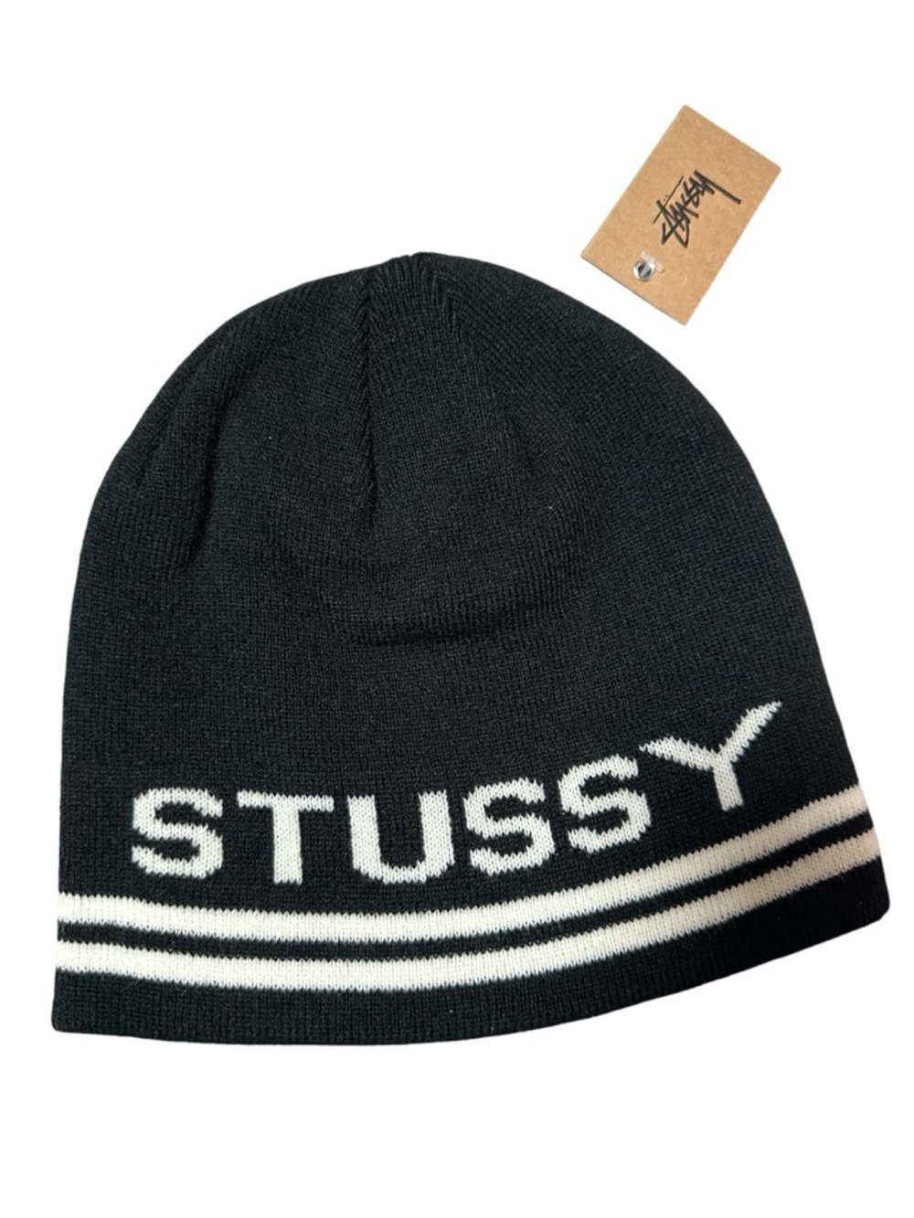 Stussy Skullcap Beanie Black White Logo Stripe Knit Hat OS NWT